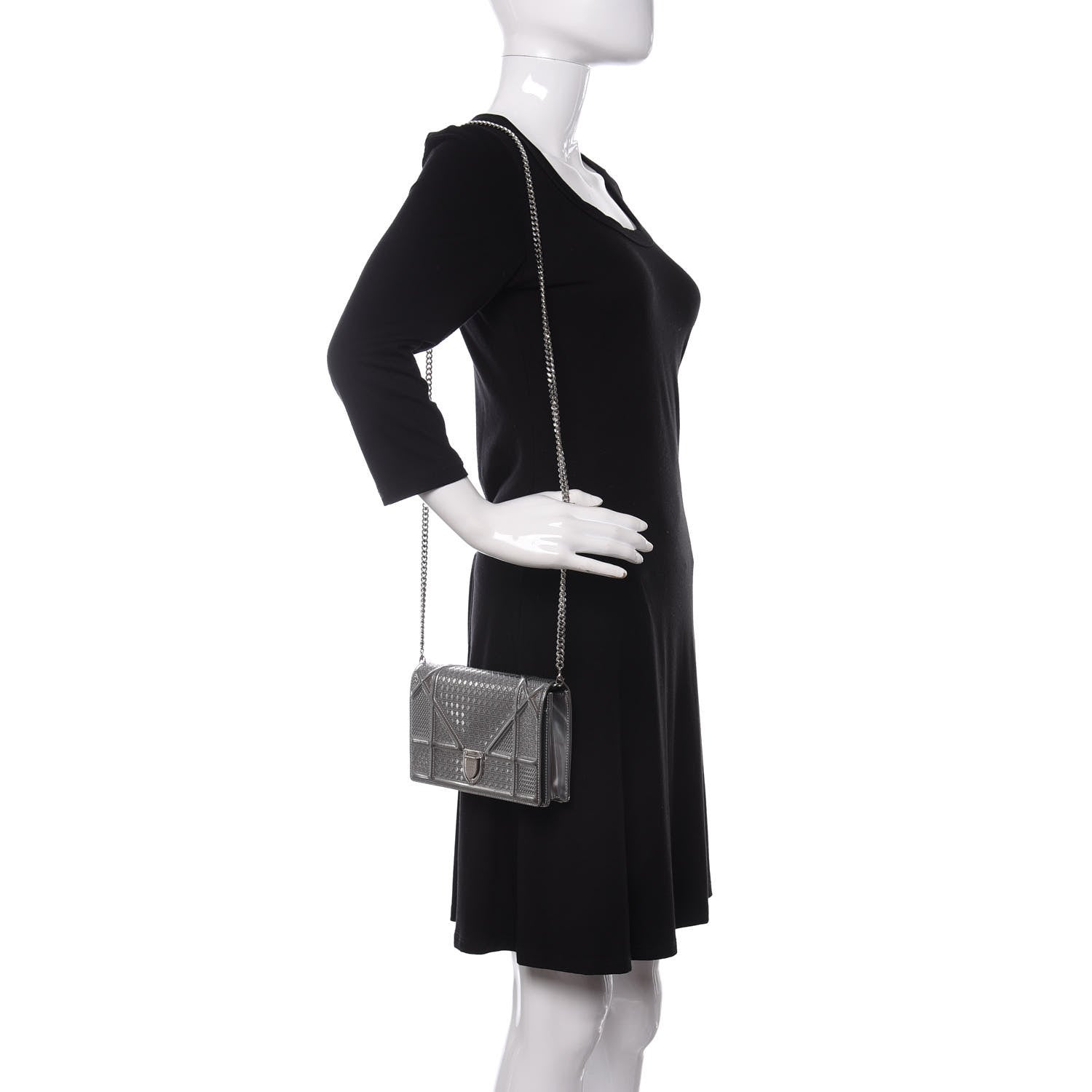 Christian Dior Metallic Patent Micro-Cannage Diorama Wallet on Chain Pouch Silver 2 of 11