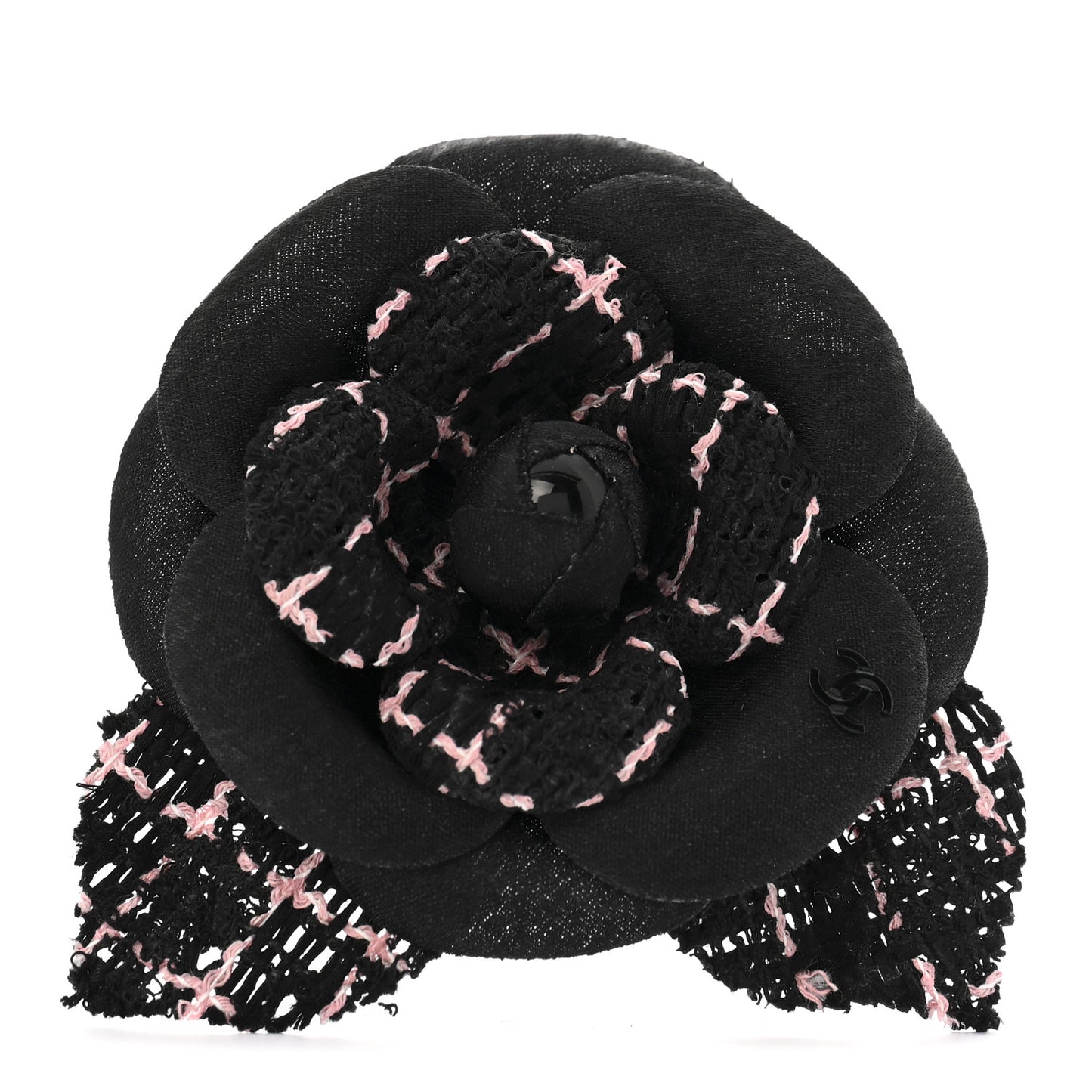 Tweed Camellia Pin Brooch Black Pink
