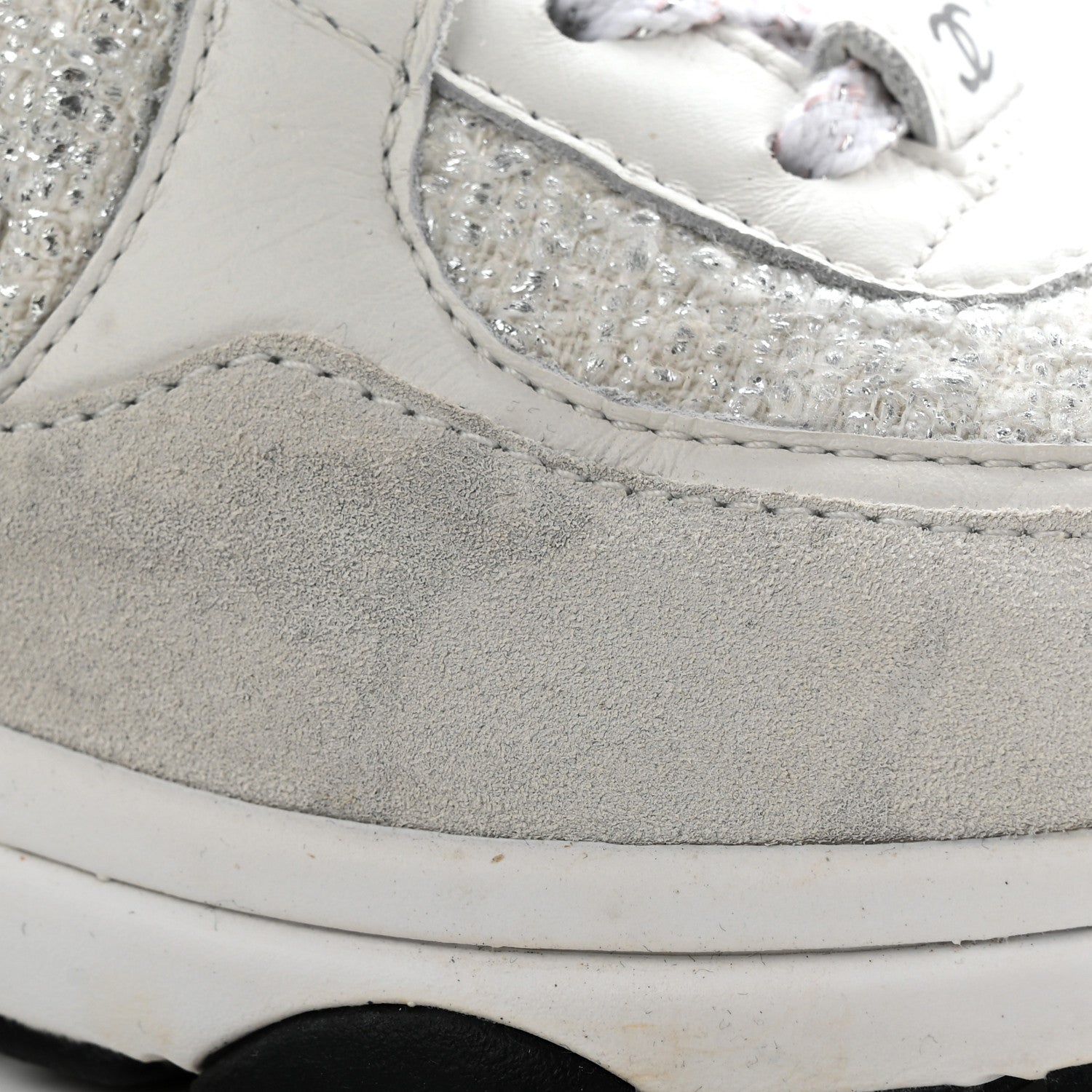 Chanel Painted Iridescent Cotton Tweed Suede Calfskin Womens CC Sneakers 37 White Silver Multicolor 12 of 13