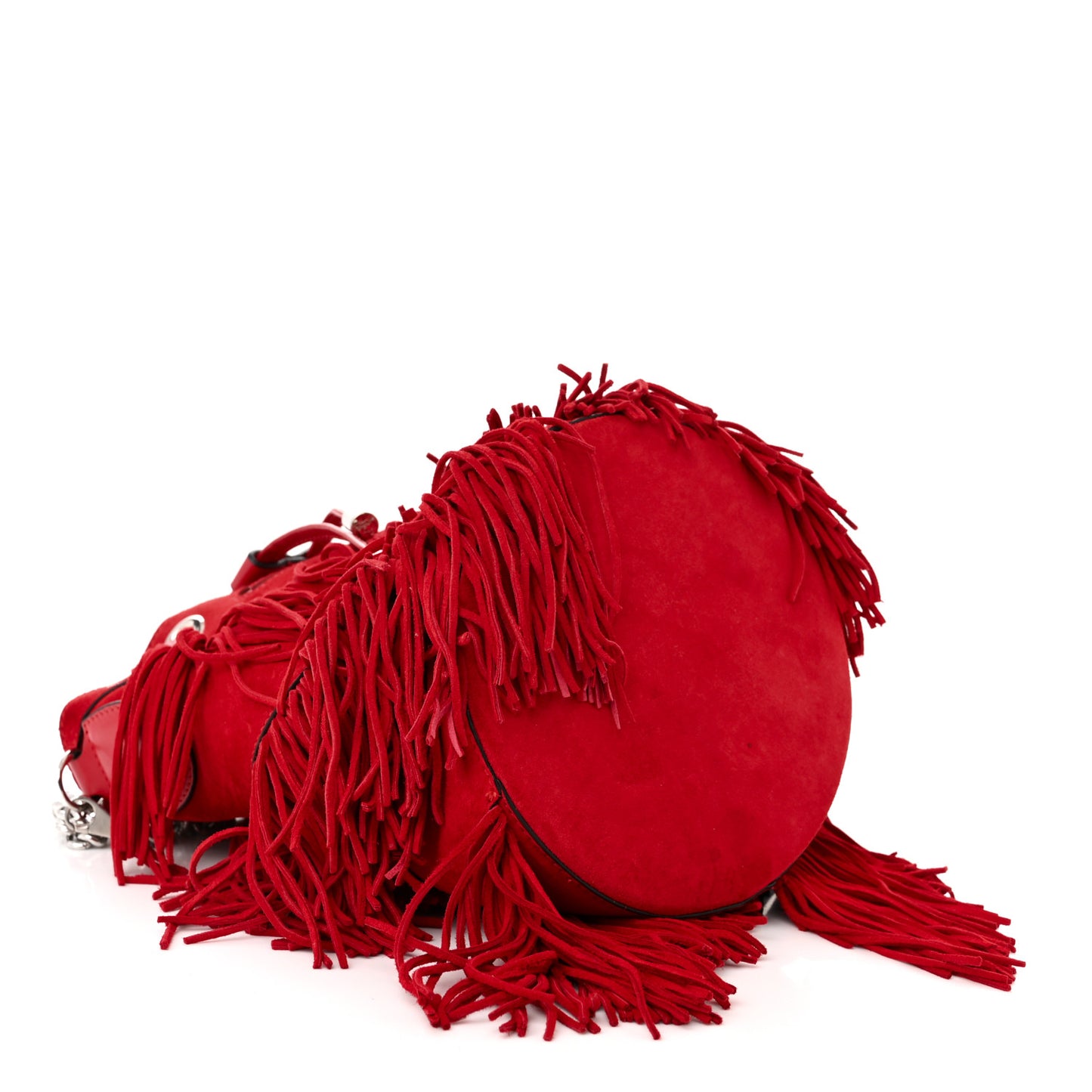 Suede Calfskin Fringe Marie Jane Bucket Red