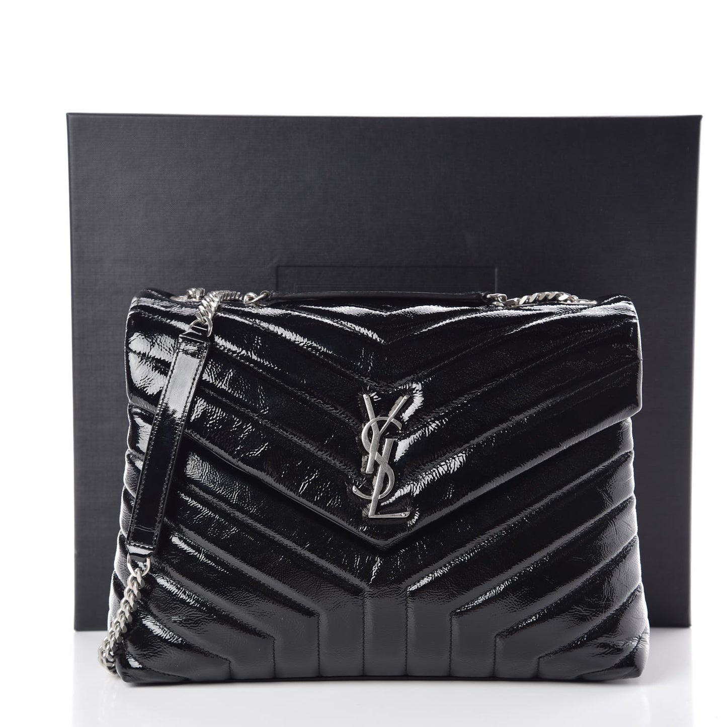 Patent Y Quilted Monogram Medium Loulou Chain Satchel Black