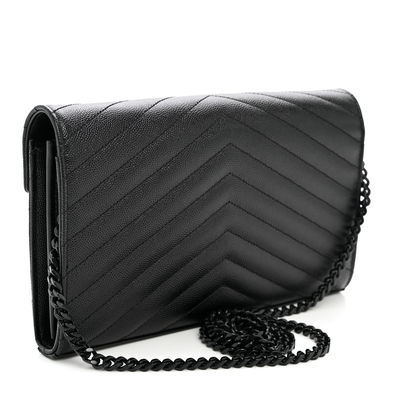 Saint Laurent Grain De Poudre Matelasse Chevron Monogram Monochrome Chain Wallet Black 3 of 10