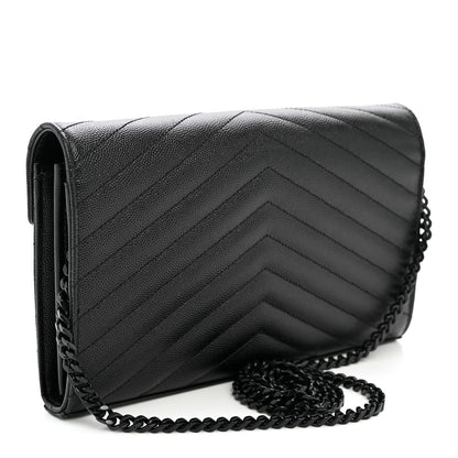 Saint Laurent Grain De Poudre Matelasse Chevron Monogram Monochrome Chain Wallet Black 3 of 10