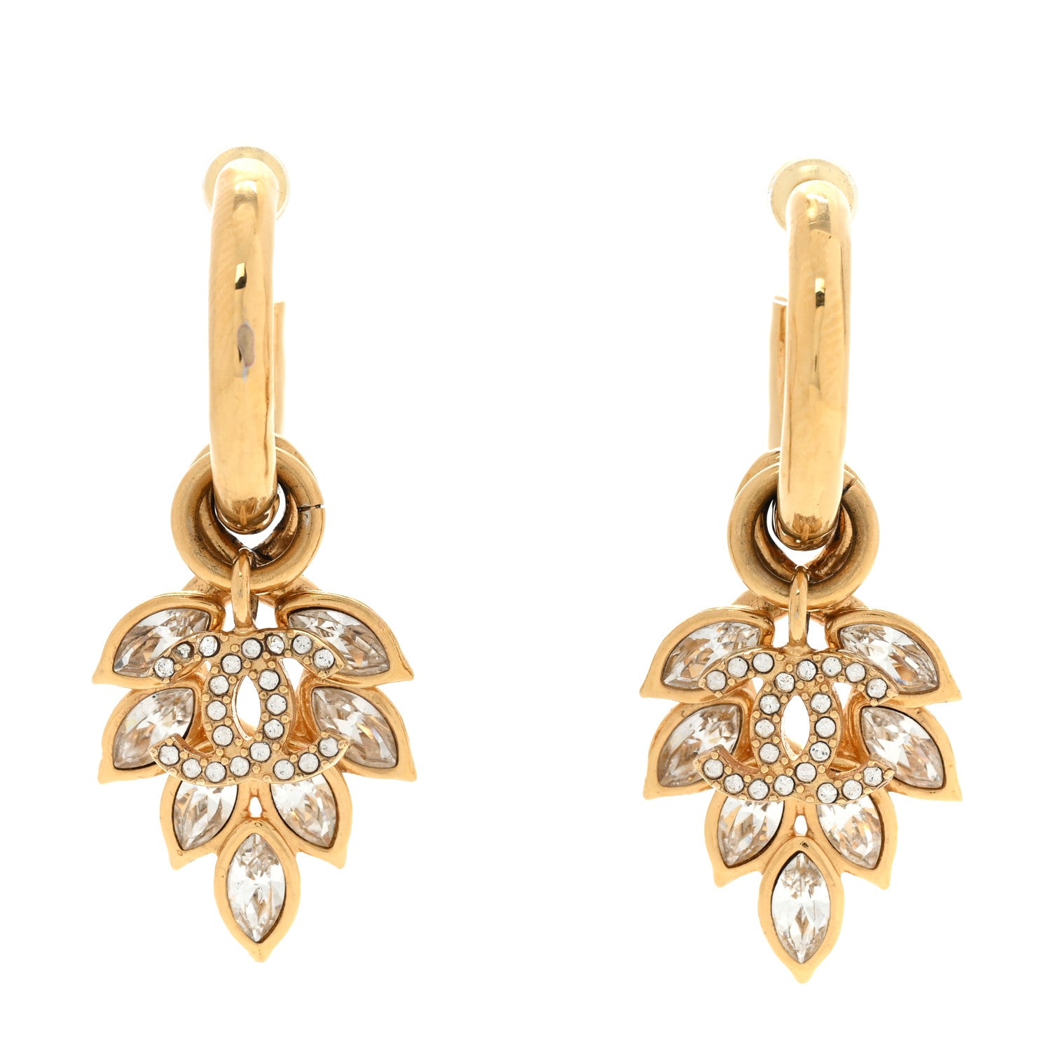 Chanel Metal Crystal Wheat CC Hoop Drop Earrings Gold 1 of 5