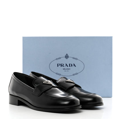 Prada Brushed Calfskin Metal Triangle Logo 20mm Loafers 40 Black 8 of 8