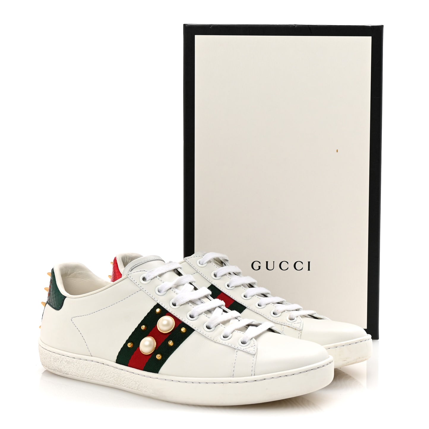 Calfskin Web Pearl Studded Womens Ace Sneakers 38.5 White