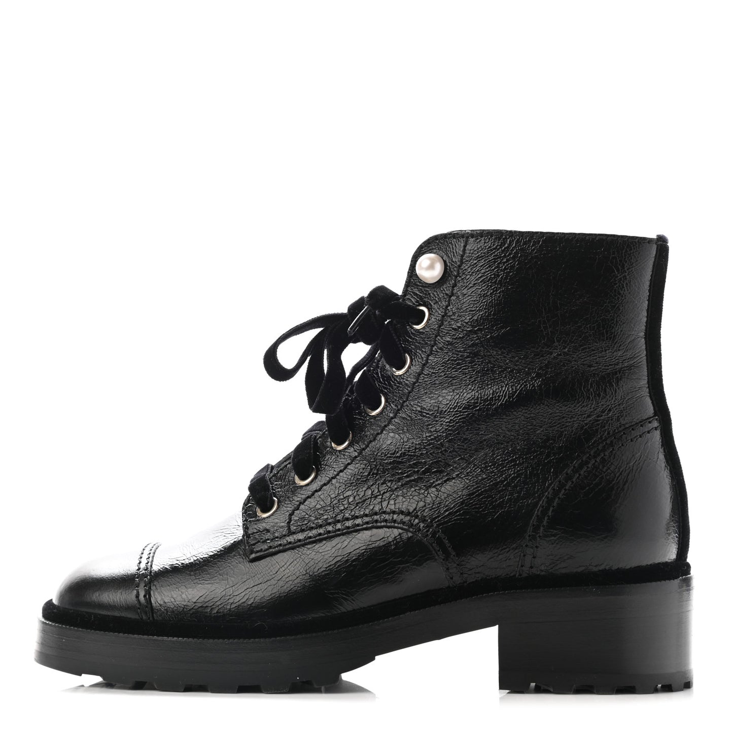 Shiny Calfskin Velvet Pearl Combat Short Boots 39 Black