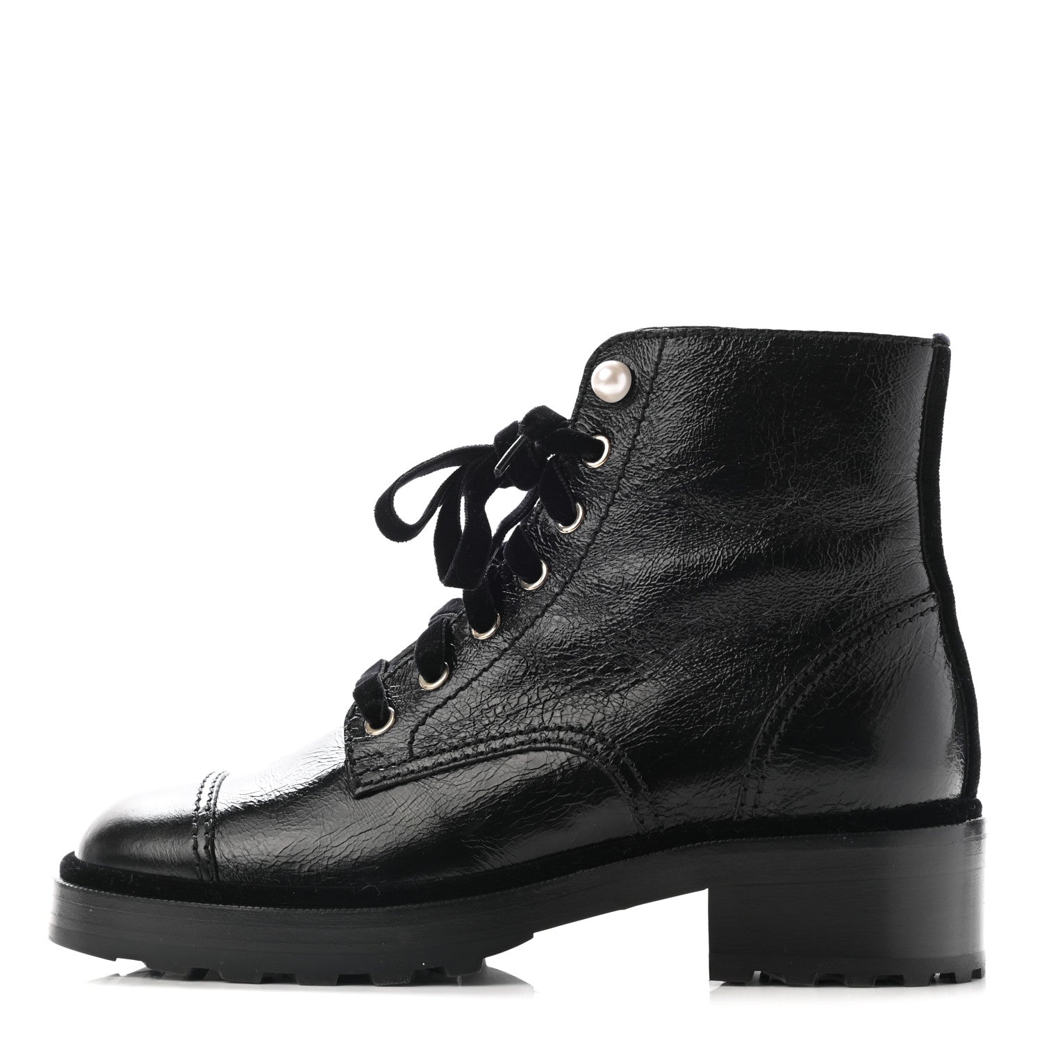 Chanel Shiny Calfskin Velvet Pearl Combat Short Boots 39 Black 1 of 12