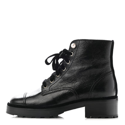 Chanel Shiny Calfskin Velvet Pearl Combat Short Boots 39 Black 1 of 12