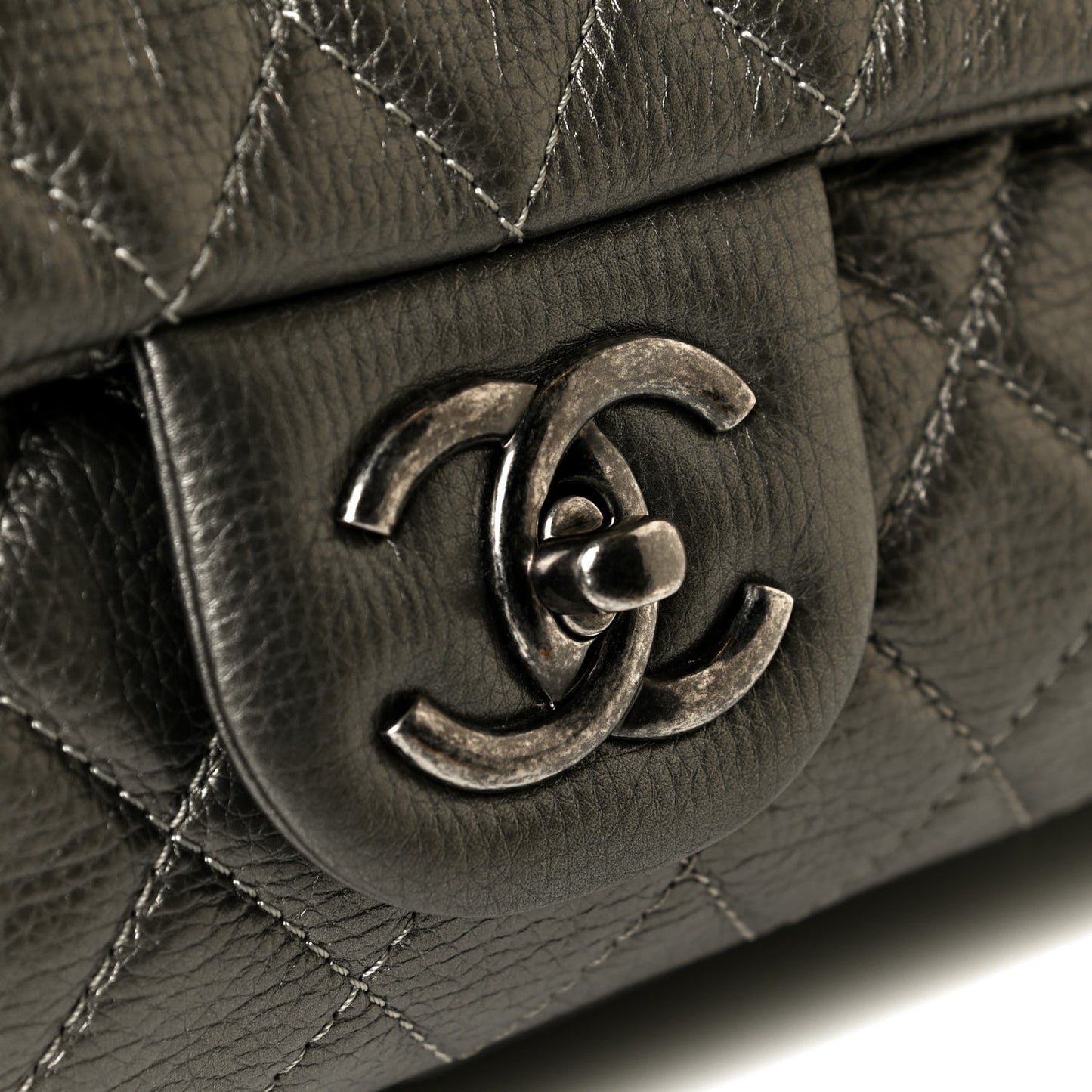 Metallic Calfskin Quilted XXL Travel Flap Bag Dark Silver