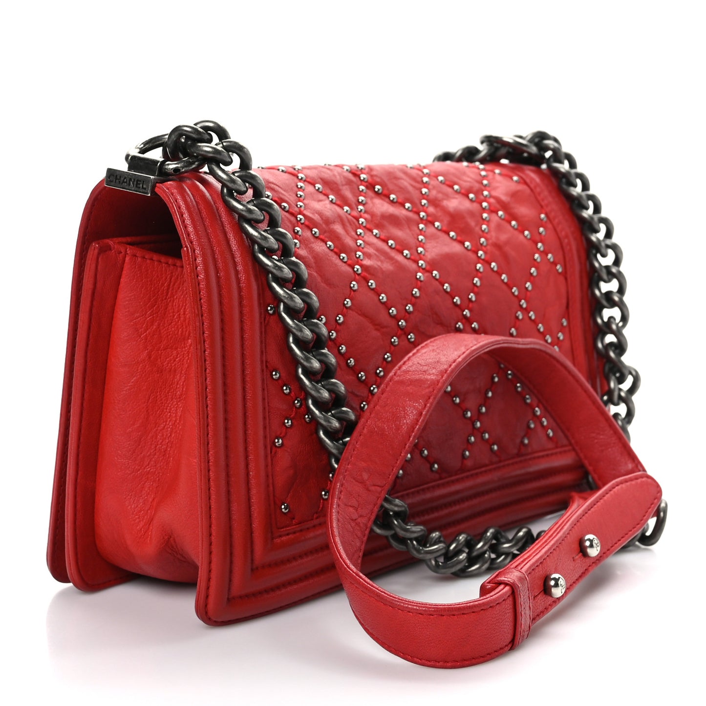 Crumpled Lambskin Small Studded Boy Flap Red