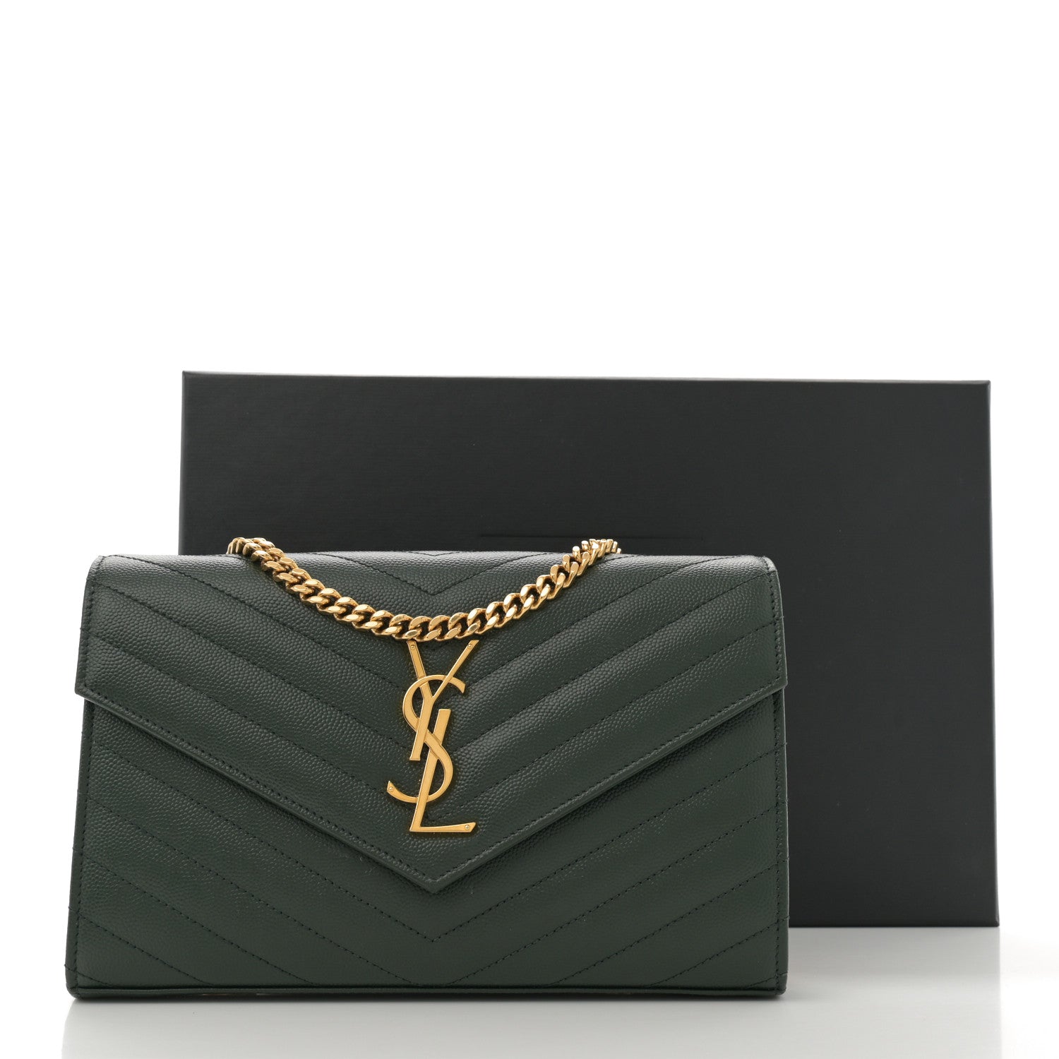 Saint Laurent Grain De Poudre Matelasse Chevron Monogram Chain Wallet Dark Green 14 of 14