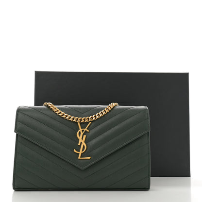 Saint Laurent Grain De Poudre Matelasse Chevron Monogram Chain Wallet Dark Green 14 of 14