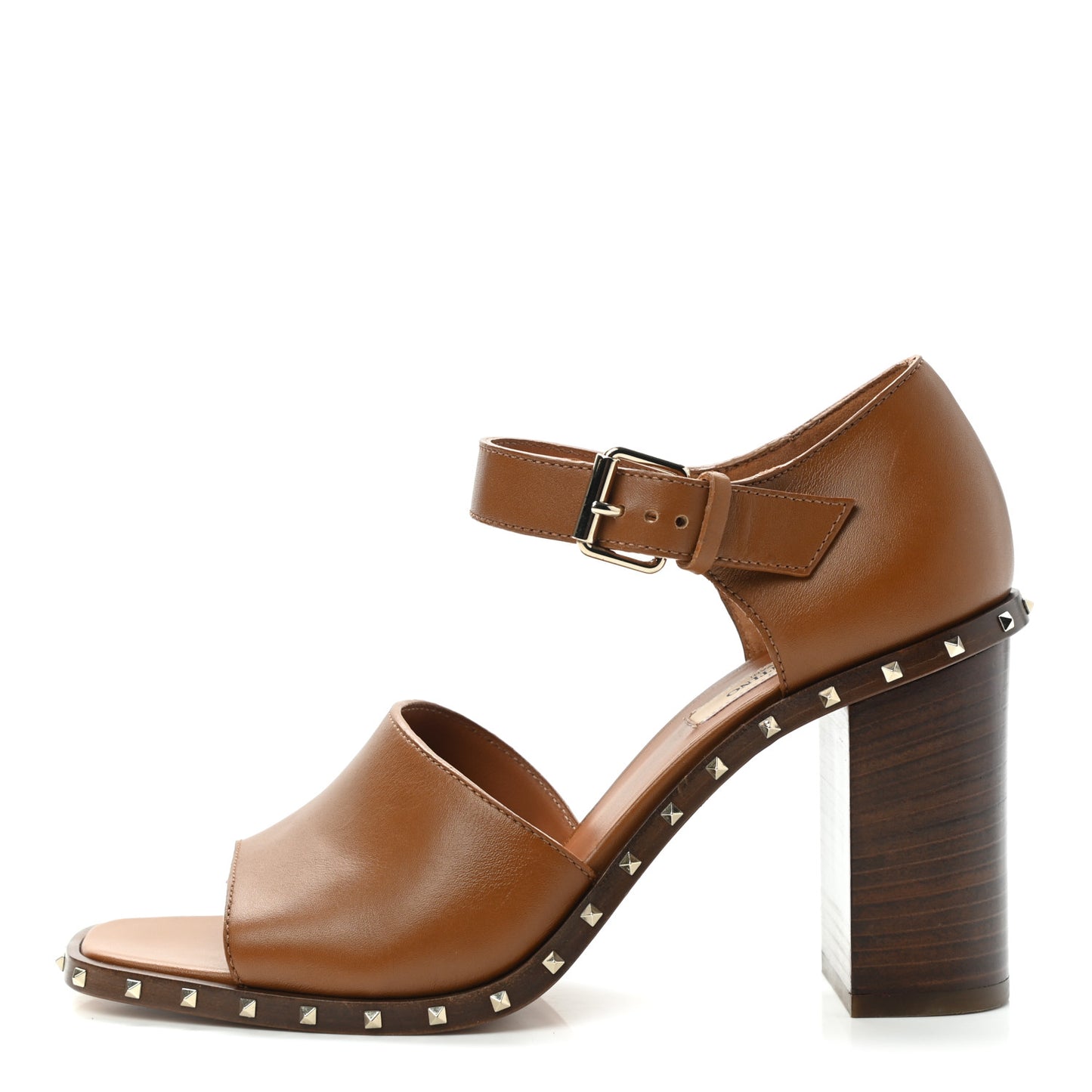 Calfskin Rockstud Ankle Strap Sandals 38 Brown