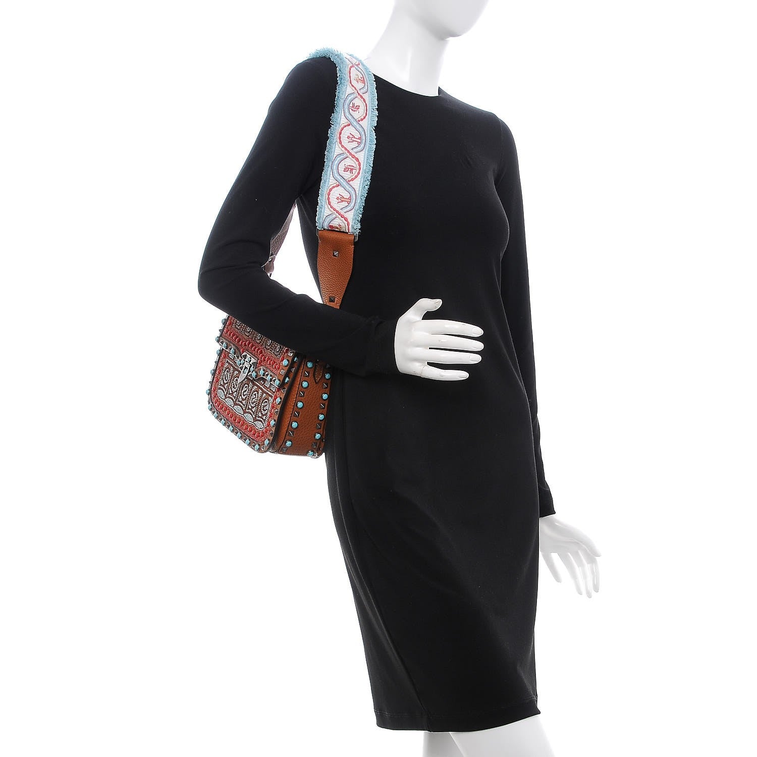 Valentino Garavani Calfskin Embroidered Medium Guitar Strap Rockstud Rolling Flap Saddle Bag Light Cuir 2 of 9