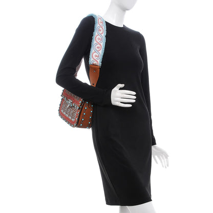 Valentino Garavani Calfskin Embroidered Medium Guitar Strap Rockstud Rolling Flap Saddle Bag Light Cuir 2 of 9