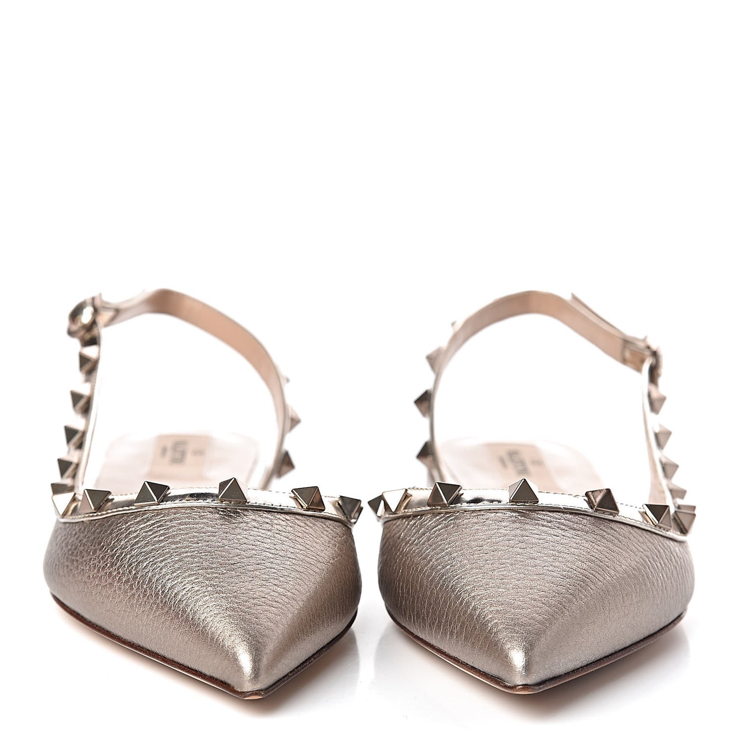 Metallic Pebbled Calfskin Patent Rockstud Slingback Flats 38 Skin