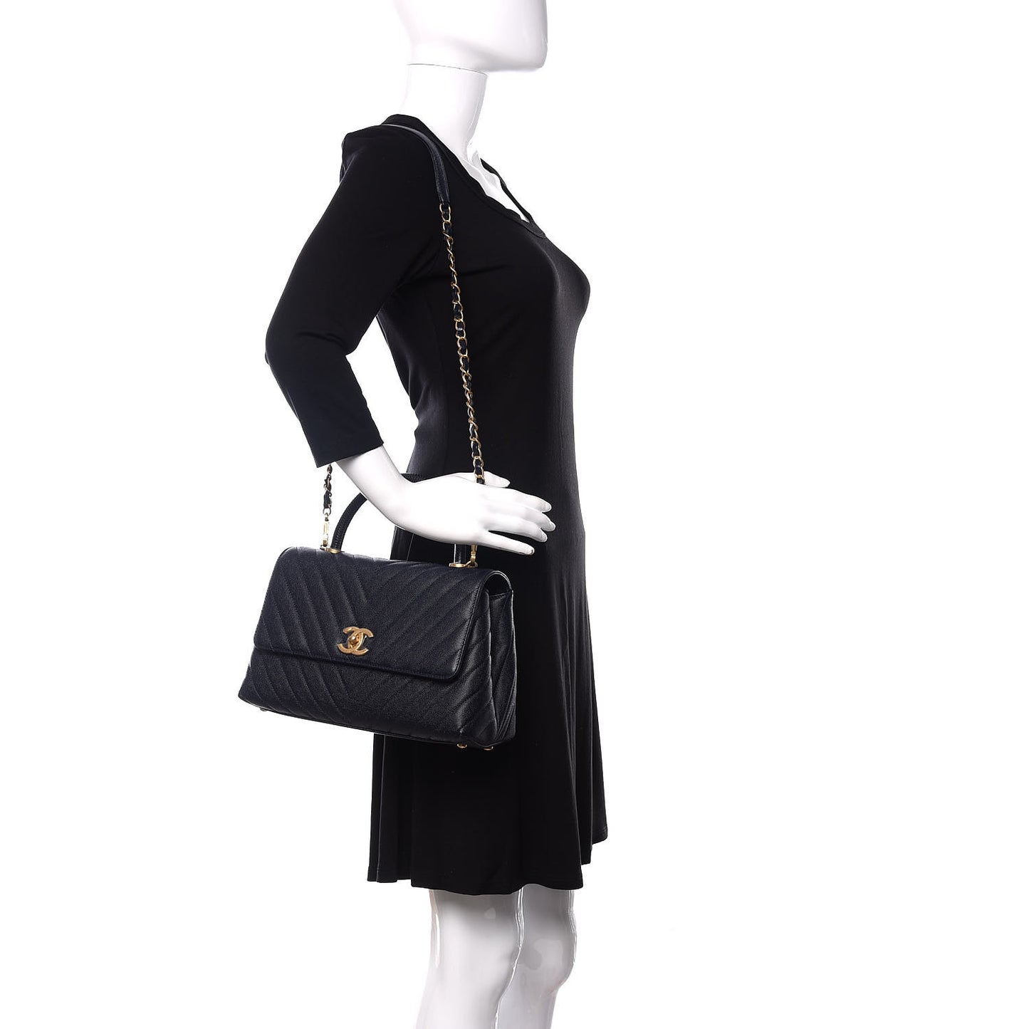 Caviar Chevron Quilted Small Coco Handle Flap Navy