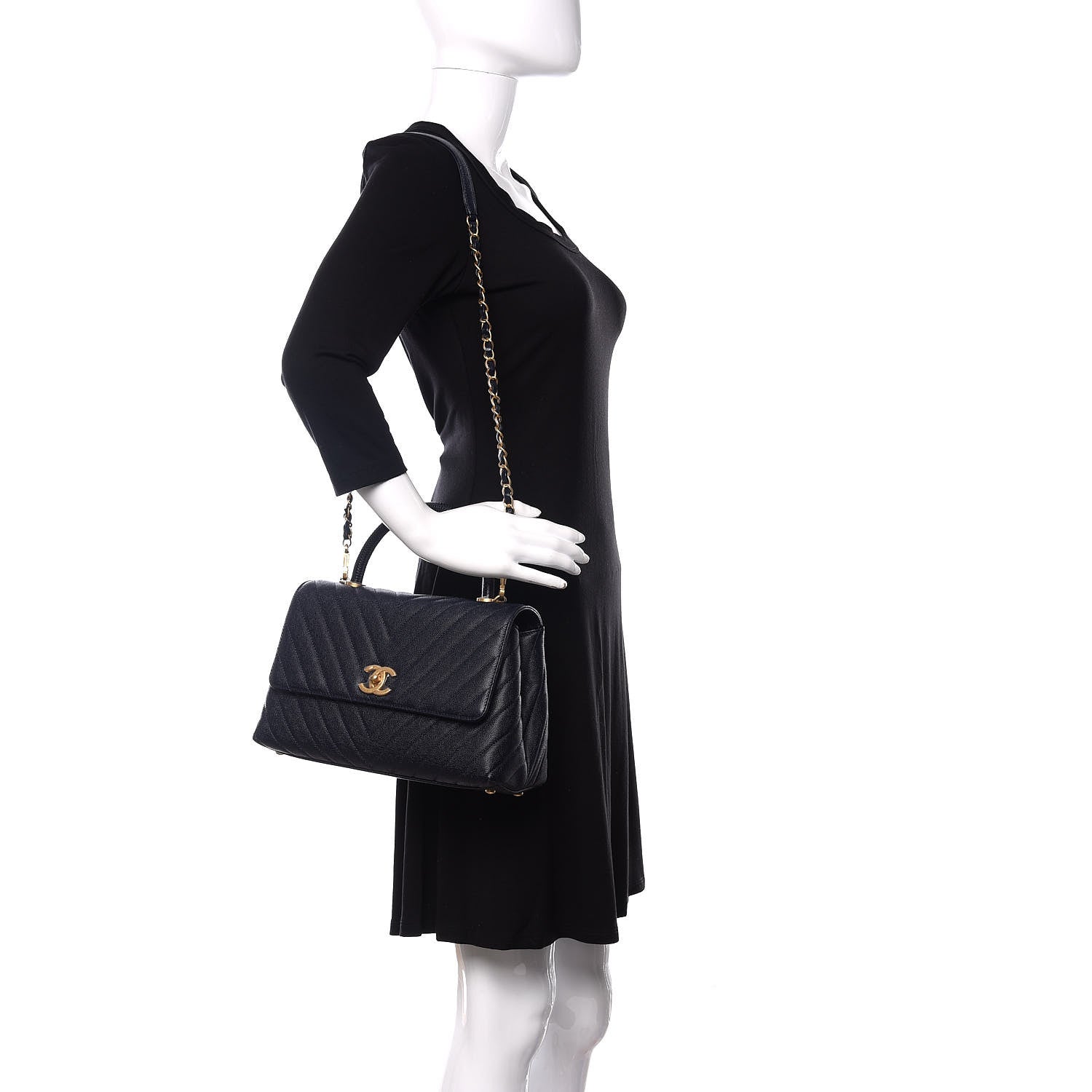 Chanel Caviar Chevron Quilted Small Coco Handle Flap Navy 2 of 11