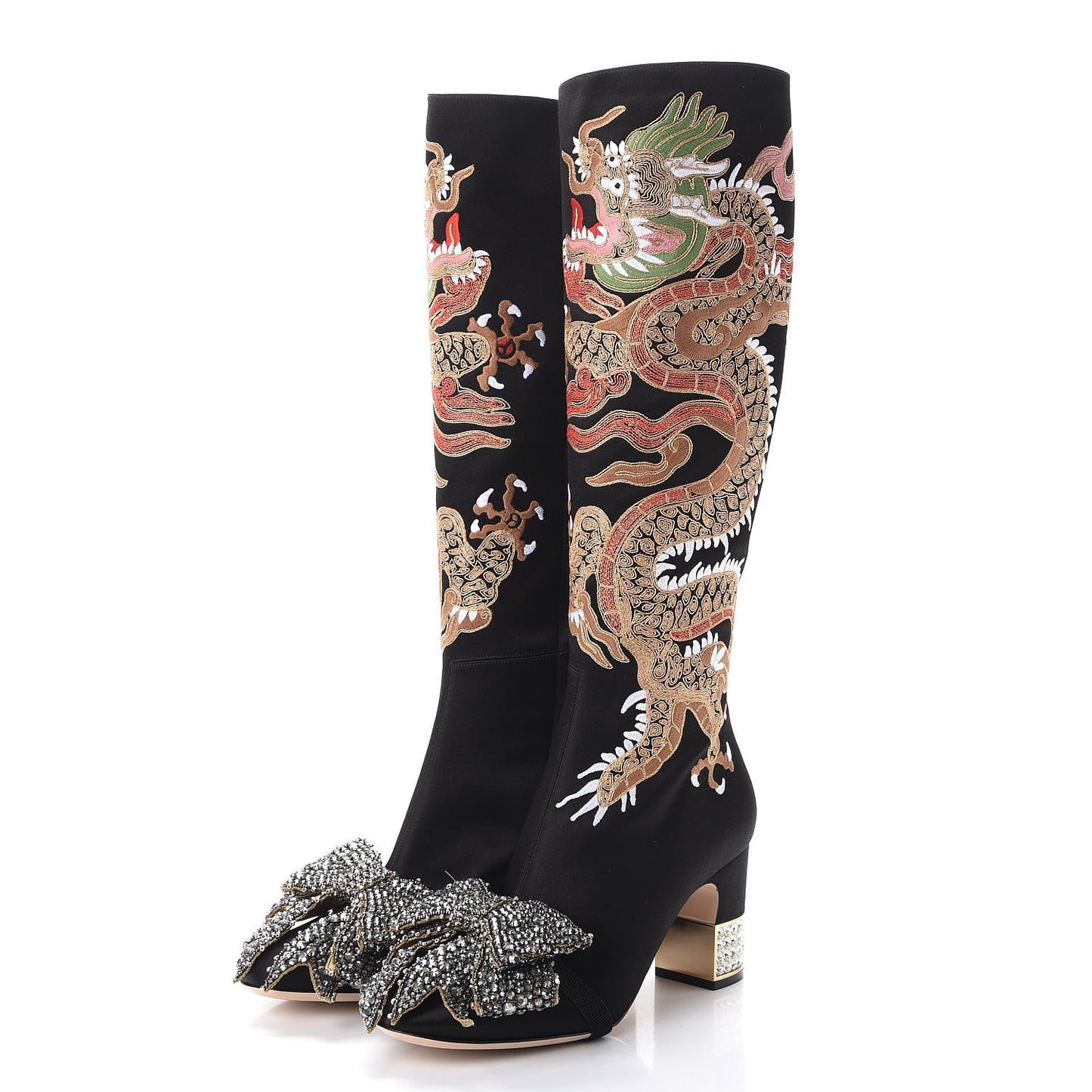 Silk Satin Malaga Kid Embroidered Candy Dragon Block-Heel Knee Boot 40 Nero Black