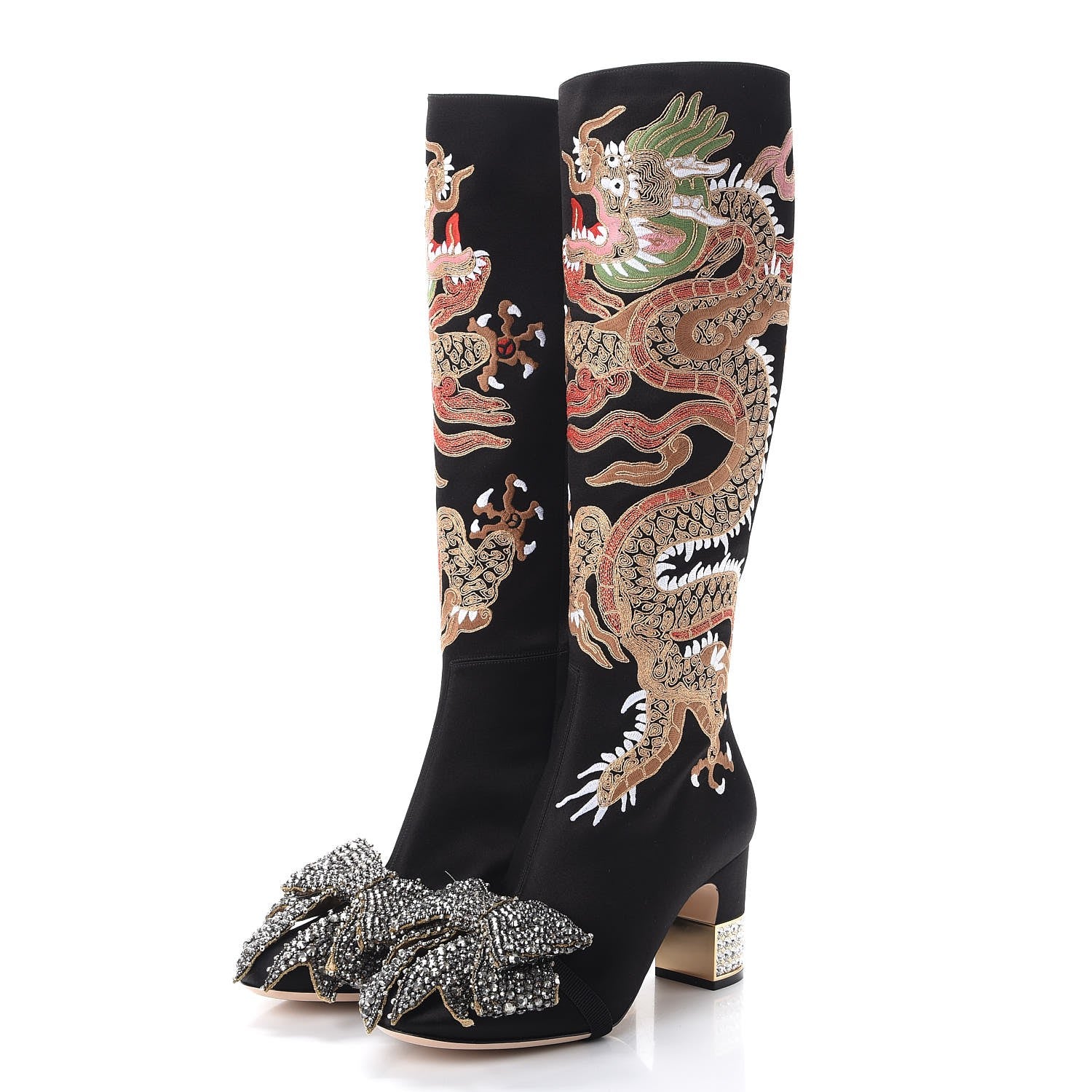 Gucci Silk Satin Malaga Kid Embroidered Candy Dragon Block-Heel Knee Boot 40 Nero Black 3 of 11