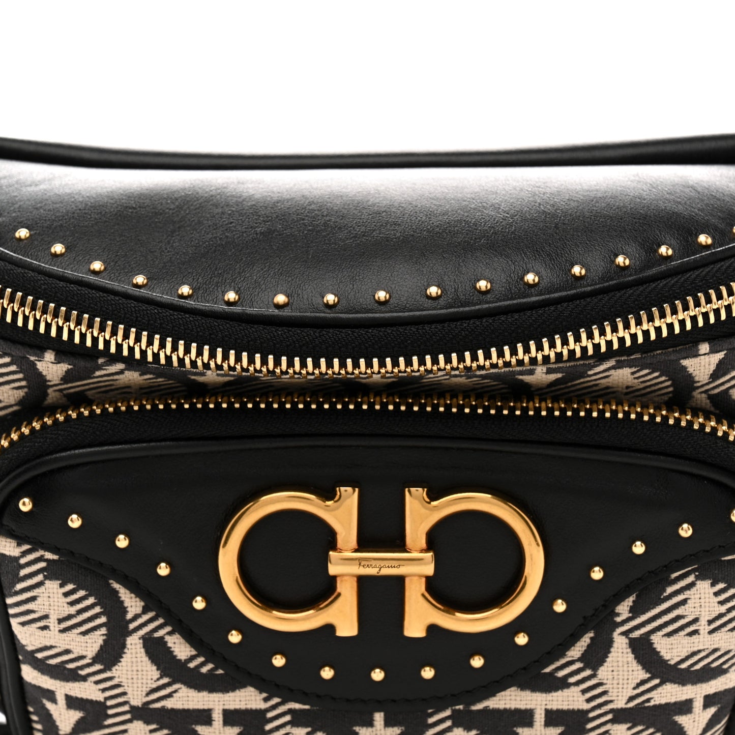Canvas Calfskin Gancini Studded Waist Bag Black Beige