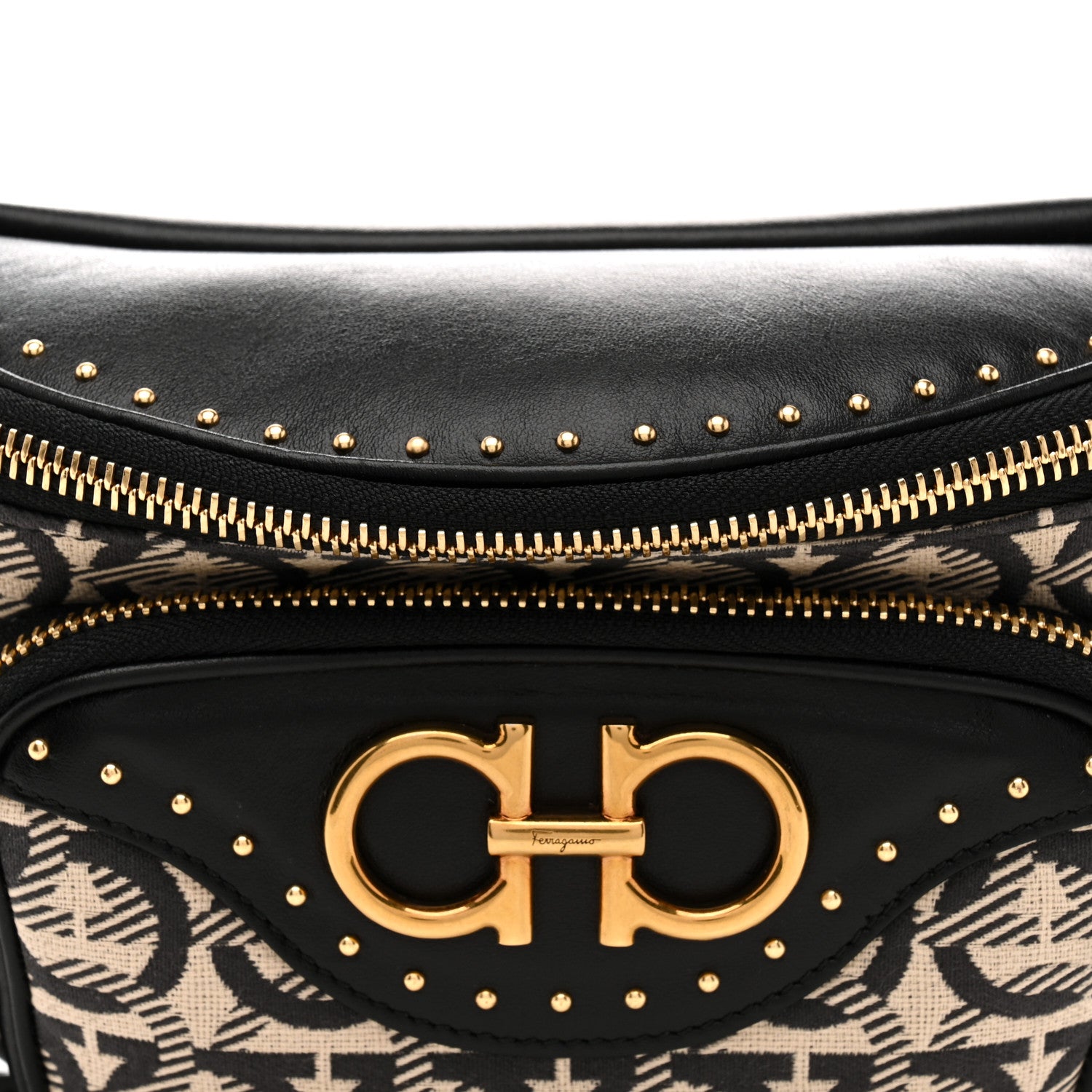 Salvatore Ferragamo Canvas Calfskin Gancini Studded Waist Bag Black Beige 8 of 10