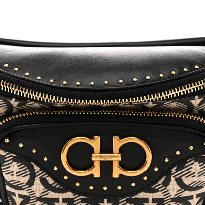 Salvatore Ferragamo Canvas Calfskin Gancini Studded Waist Bag Black Beige 8 of 10