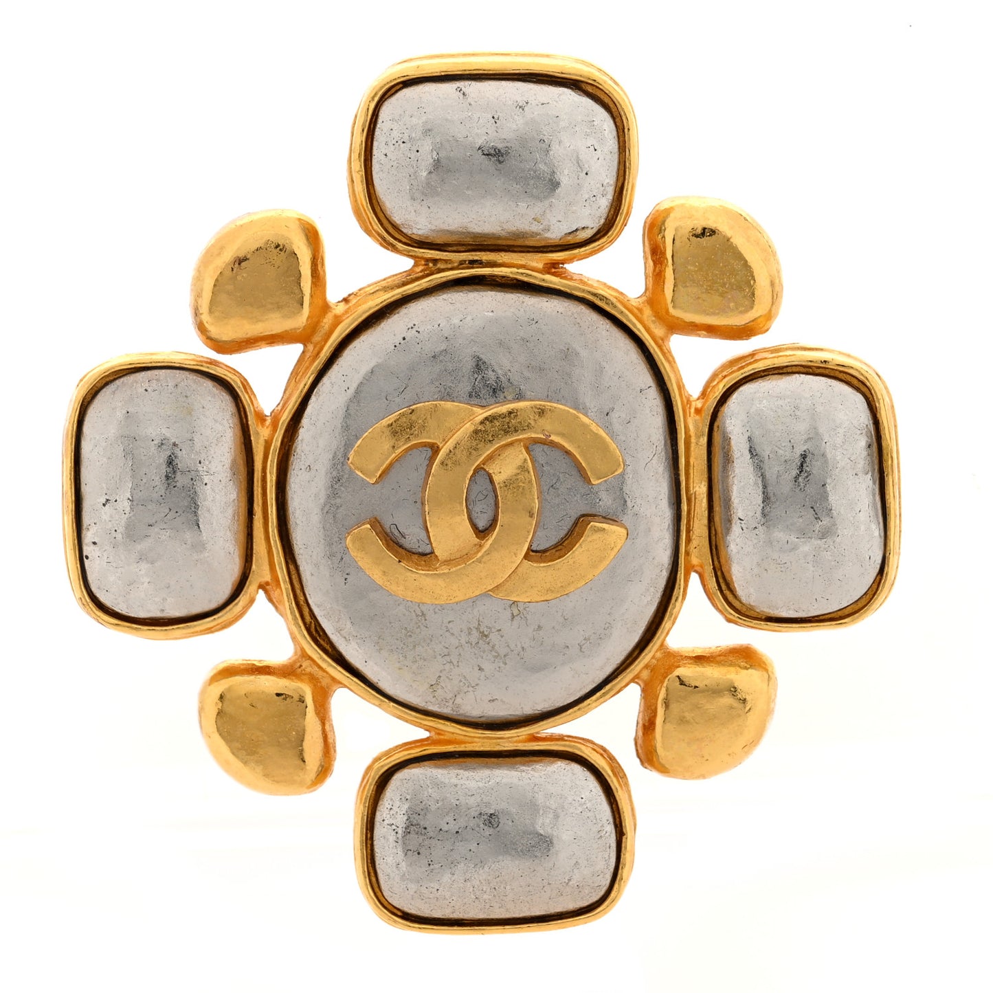 Hammered Metal CC Brooch Gold Silver