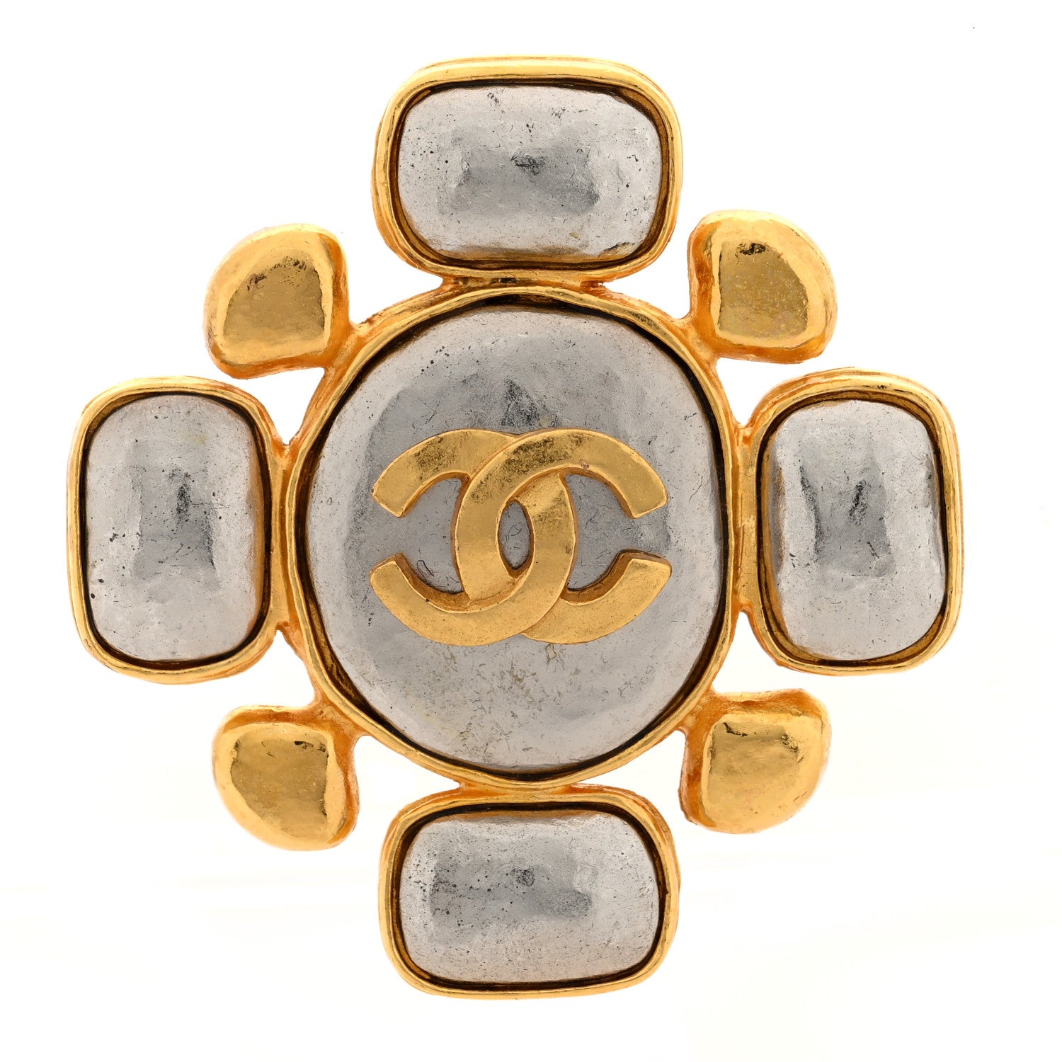 Chanel Hammered Metal CC Brooch Gold Silver 1 of 3