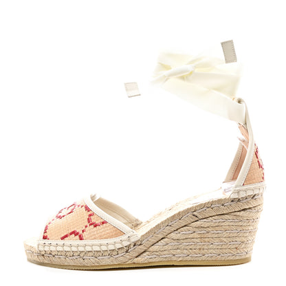 Gucci GG Raffia Monogram Ankle Wrap Platform Espadrille Wedge Sandals 36.5 Beige 1 of 9