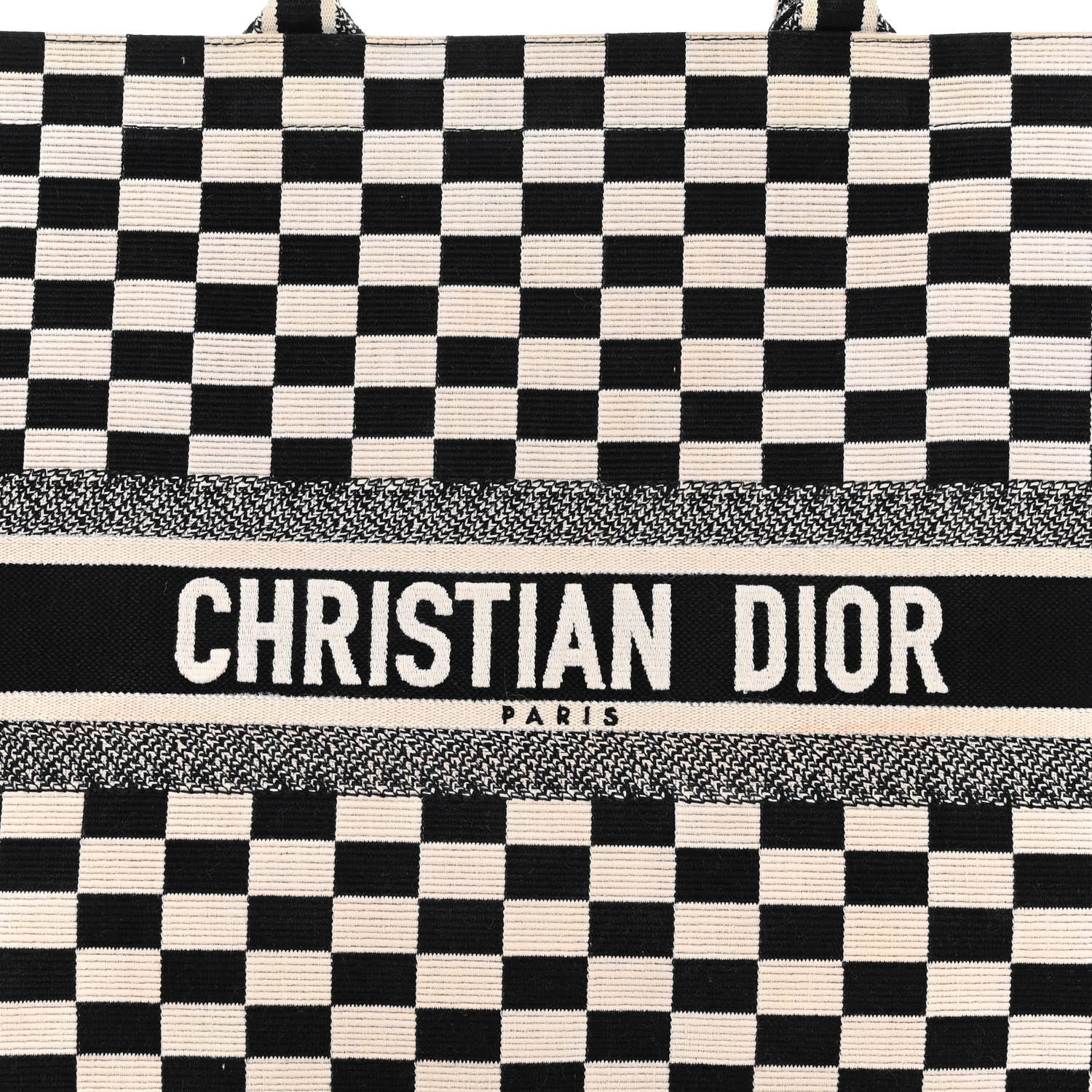 Christian Dior Canvas Embroidered Checkered Book Tote Black White 8 of 12