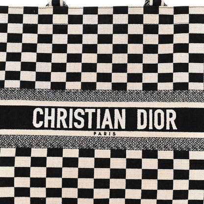 Christian Dior Canvas Embroidered Checkered Book Tote Black White 8 of 12