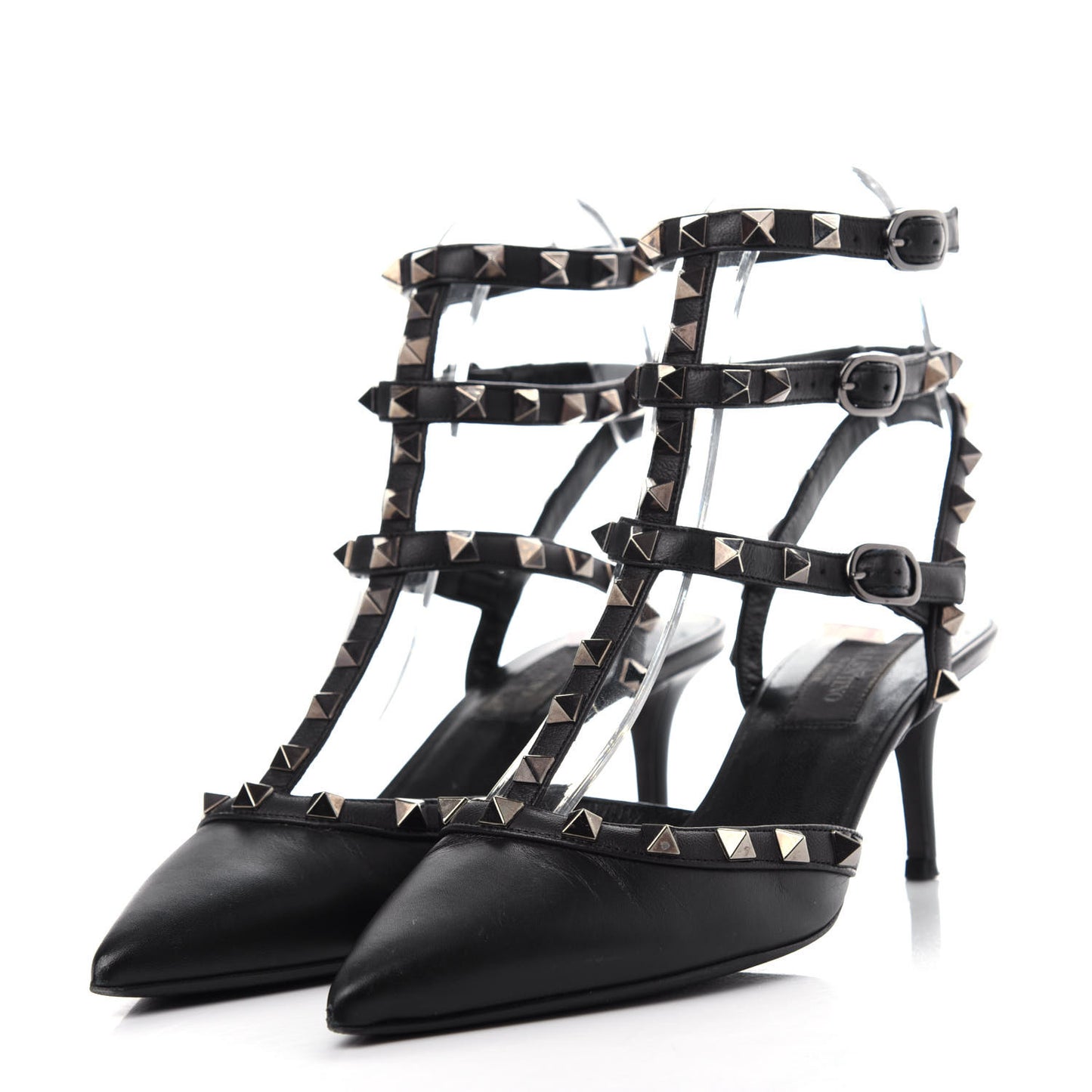 Nappa Rockstud Ankle Strap Low Heel Pumps 36.5 Black