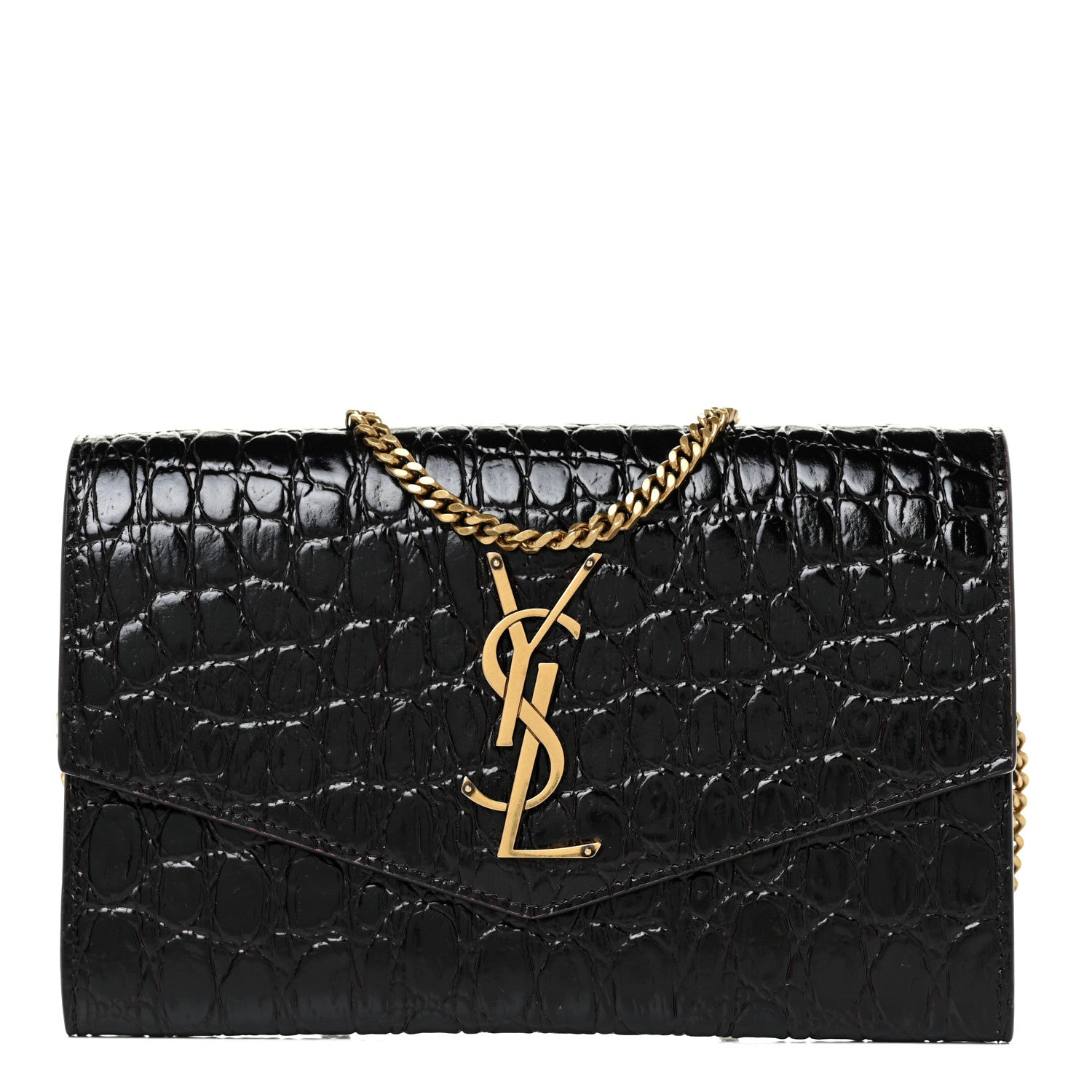 Saint Laurent Calfskin Crocodile Embossed Monogram Uptown Chain Wallet Fondente 1 of 13