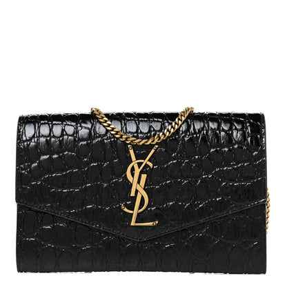 Saint Laurent Calfskin Crocodile Embossed Monogram Uptown Chain Wallet Fondente 1 of 13