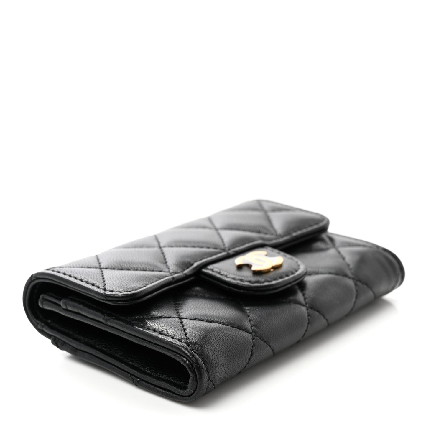 Lambskin Quilted Flap Card Holder Wallet Black
