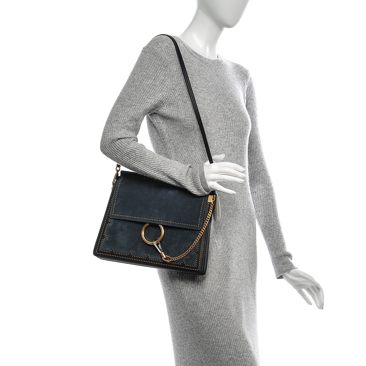 Chloe Calfskin Suede Studded Medium Faye Shoulder Bag Full Blue 2 of 7