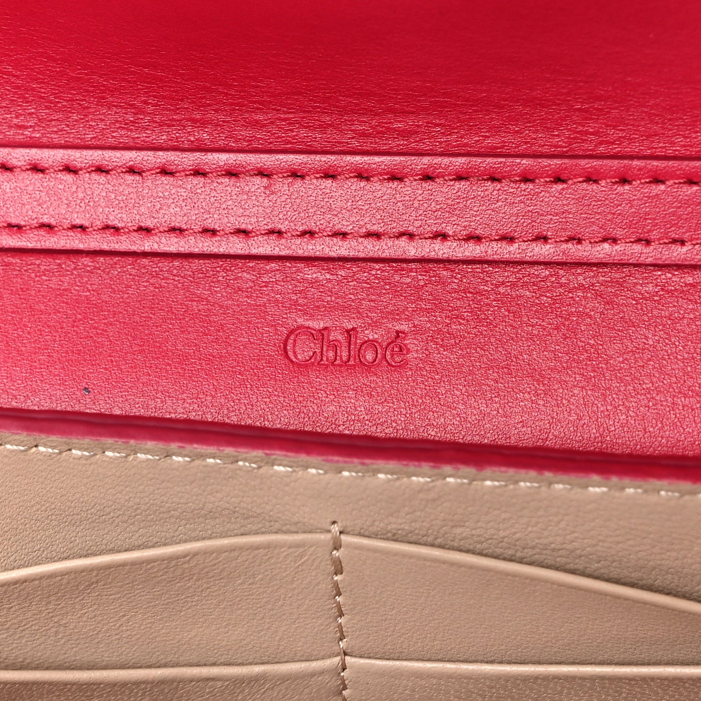 Shiny Grained Calfskin Aby Wallet on Chain Crimson Pink