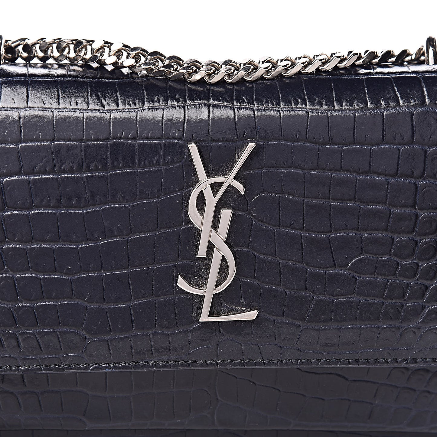 Calfskin Crocodile Embossed Monogram Sunset Chain Wallet Navy