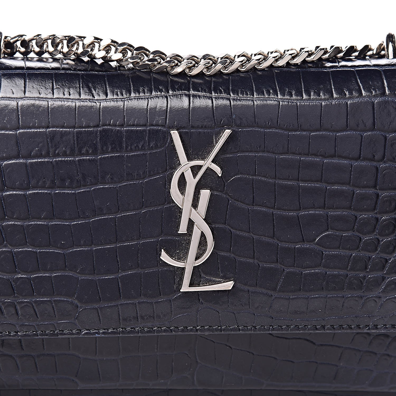 Saint Laurent Calfskin Crocodile Embossed Monogram Sunset Chain Wallet Navy 11 of 13
