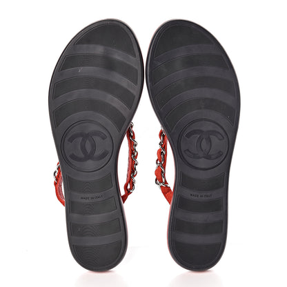 Chanel Suede Calfskin Quilted Chain Thong Sandals 36.5 Red 9 of 12