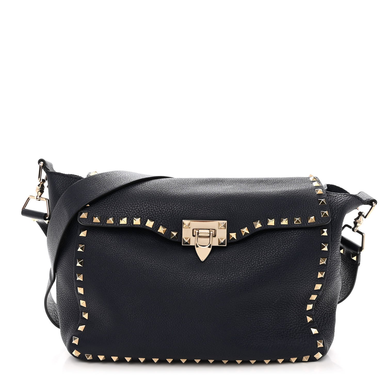 Valentino Garavani Pebbled Calfskin Rockstud Flip Lock Flap Messenger Satchel Marine 1 of 10