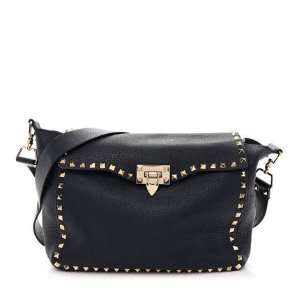 Valentino Garavani Pebbled Calfskin Rockstud Flip Lock Flap Messenger Satchel Marine 1 of 10