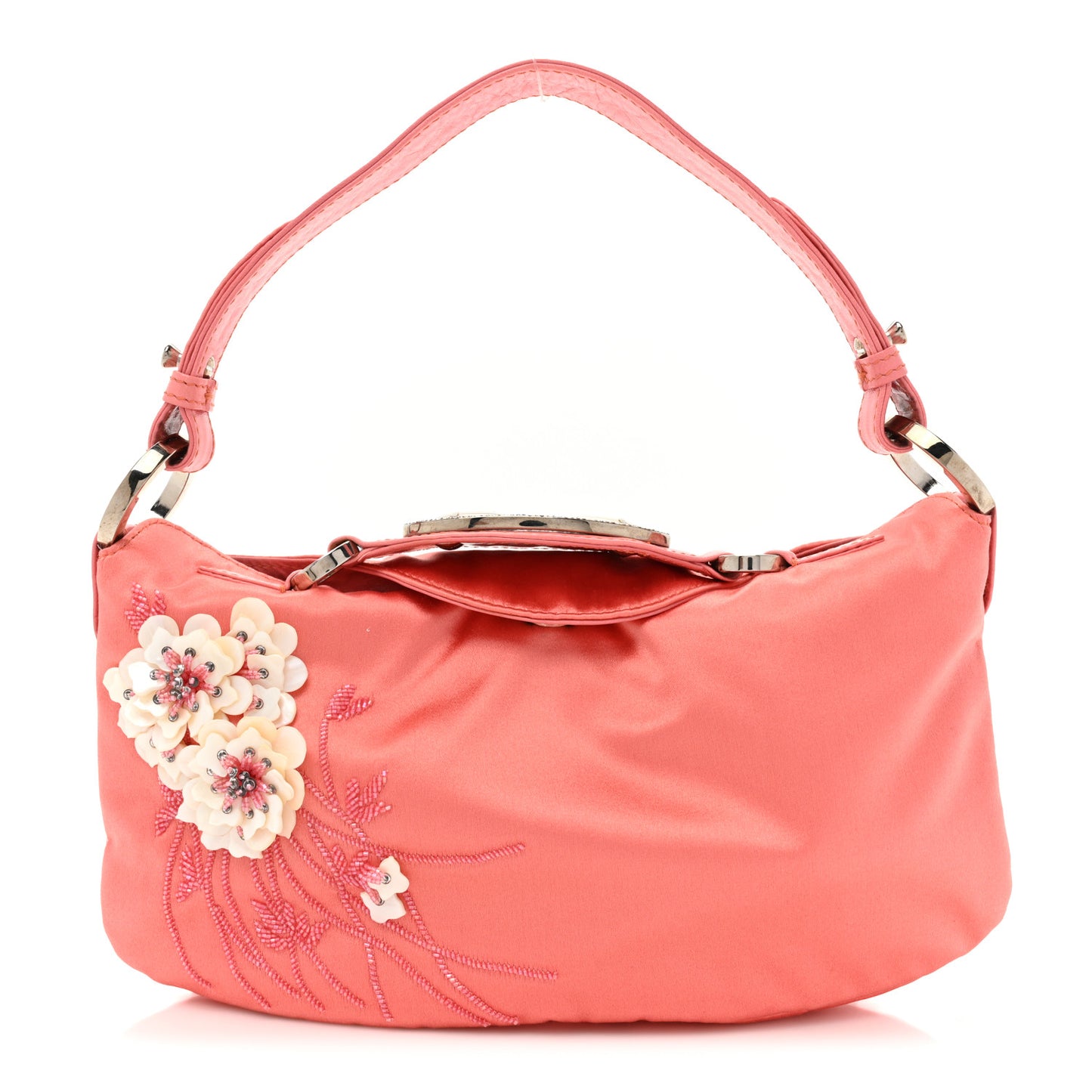 Satin Crystal Sequin Floral Embellished Shoulder Bag Coral
