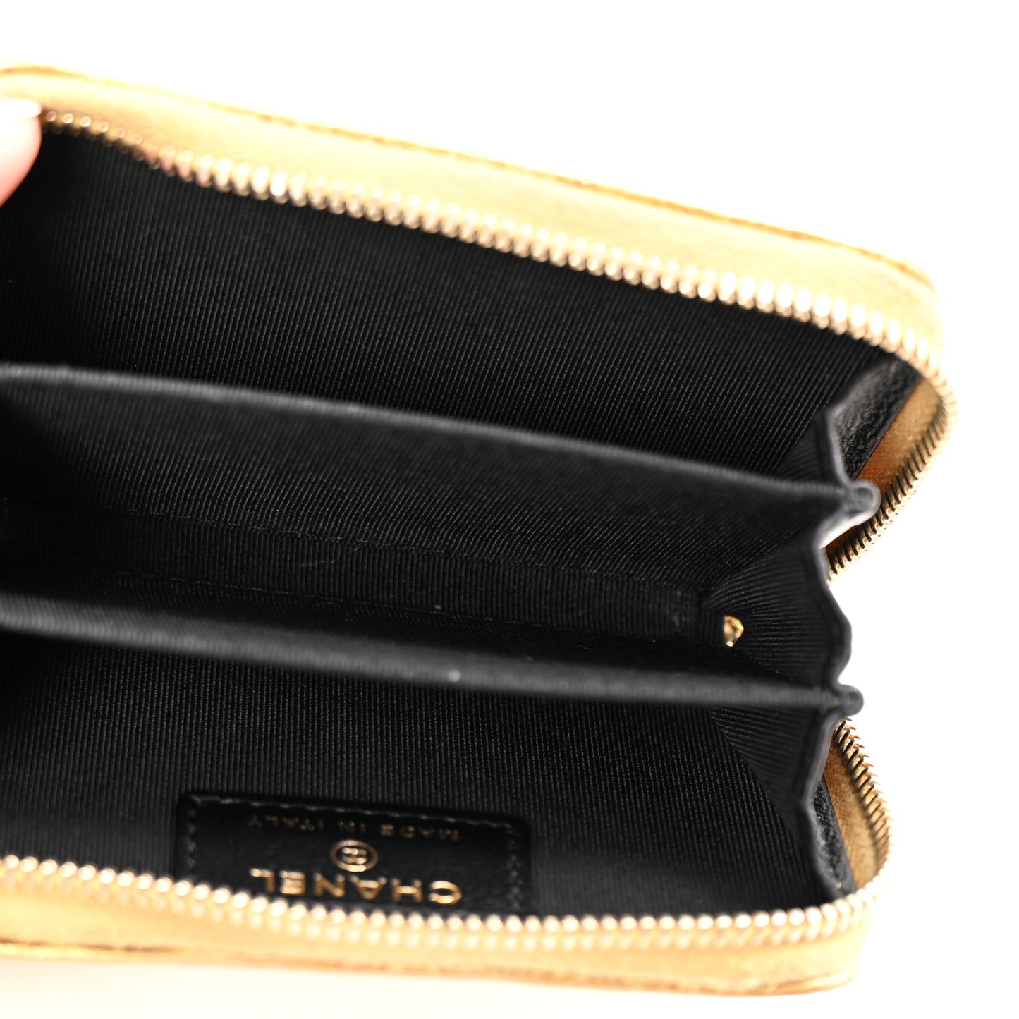 Metallic Calfskin Crocodile Embossed Cocodile Zip Coin Case Gold