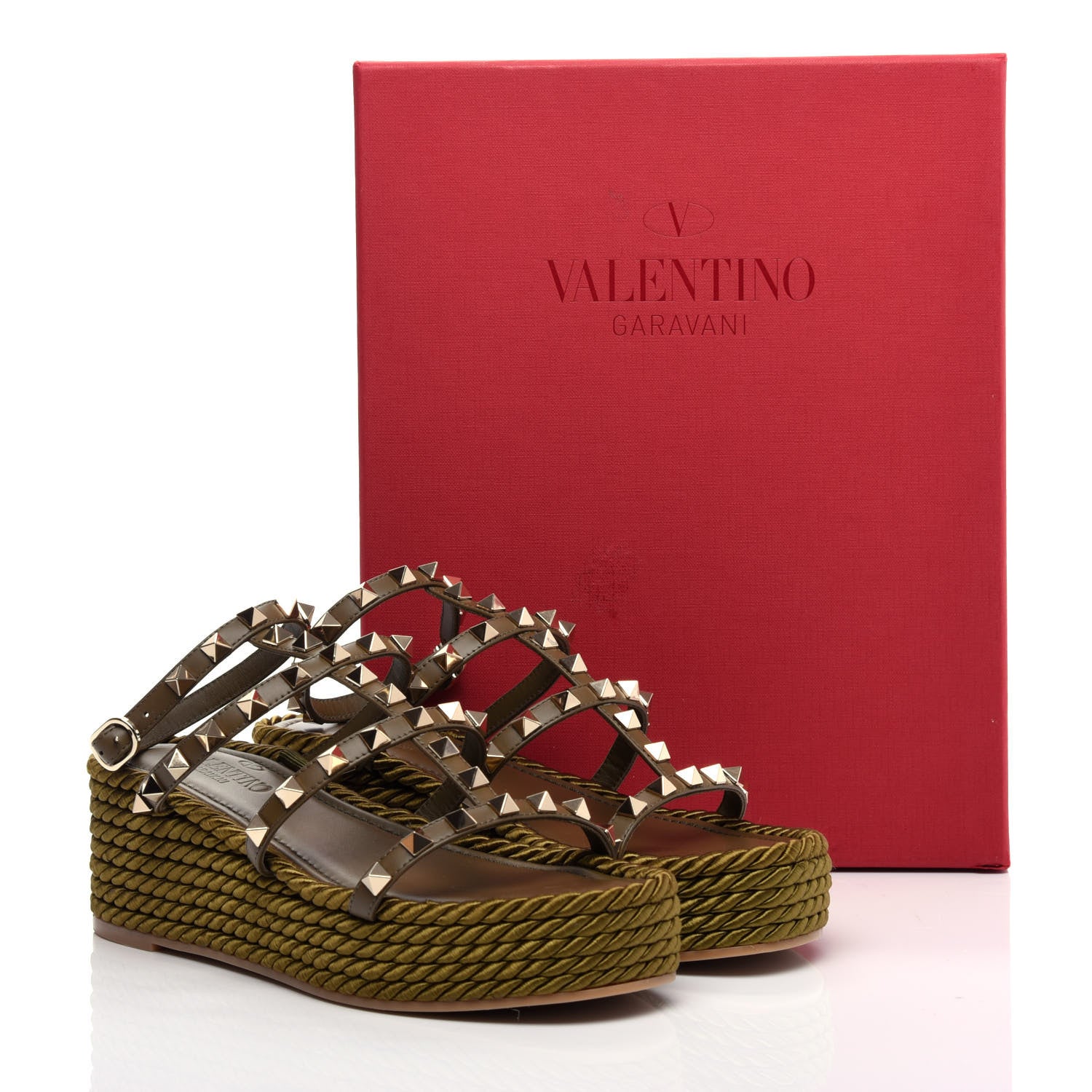 Valentino Garavani Calfskin Rockstud Ankle Strap Torchon Espadrille Caged 30/55mm Sandals 37 Lichen 11 of 11
