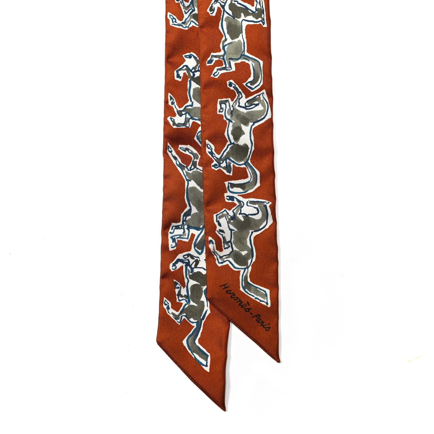Hermes Silk Chevaux En Liberte Twilly Caramel Kaki White 2 of 6