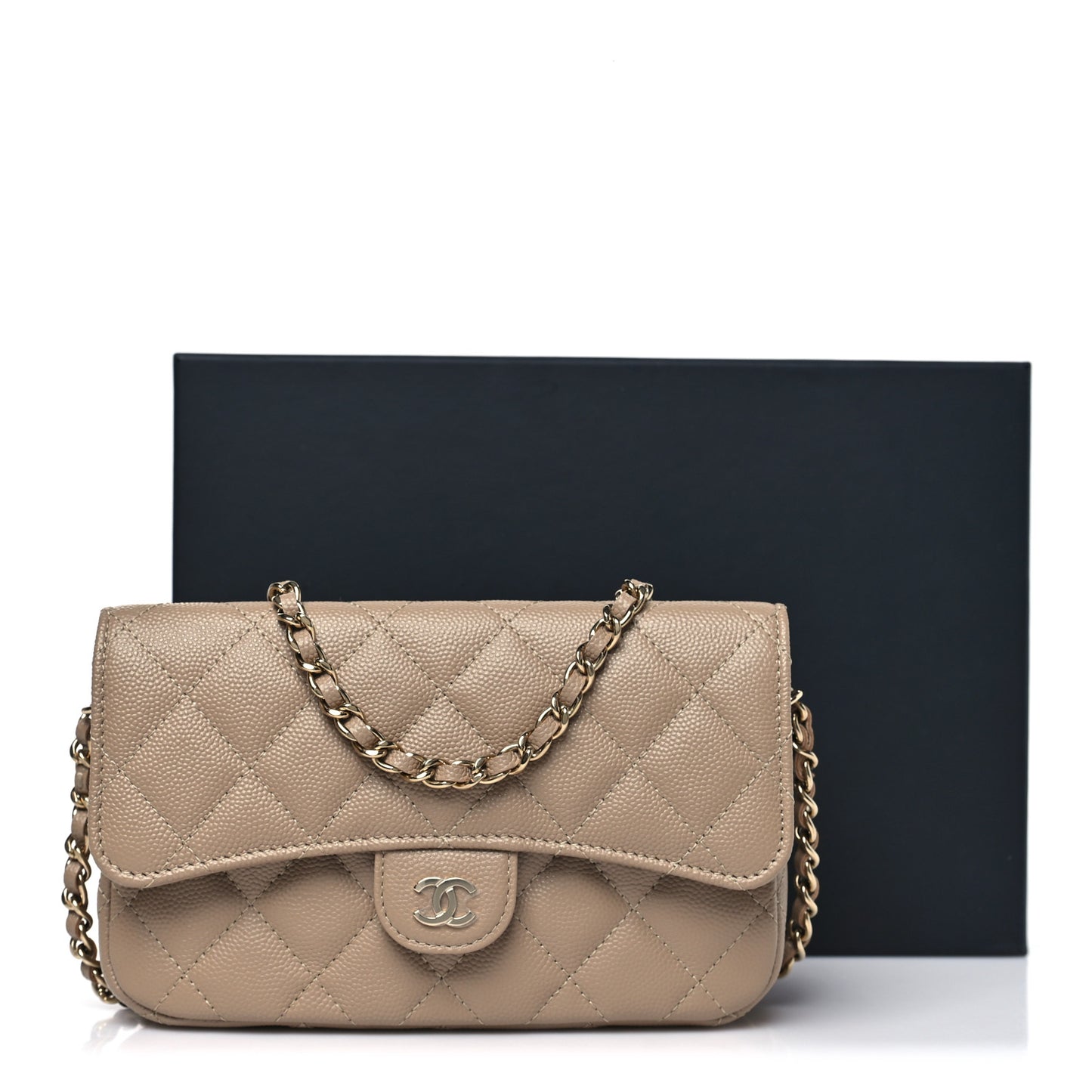 Caviar Quilted Flap Phone Holder With Chain Beige