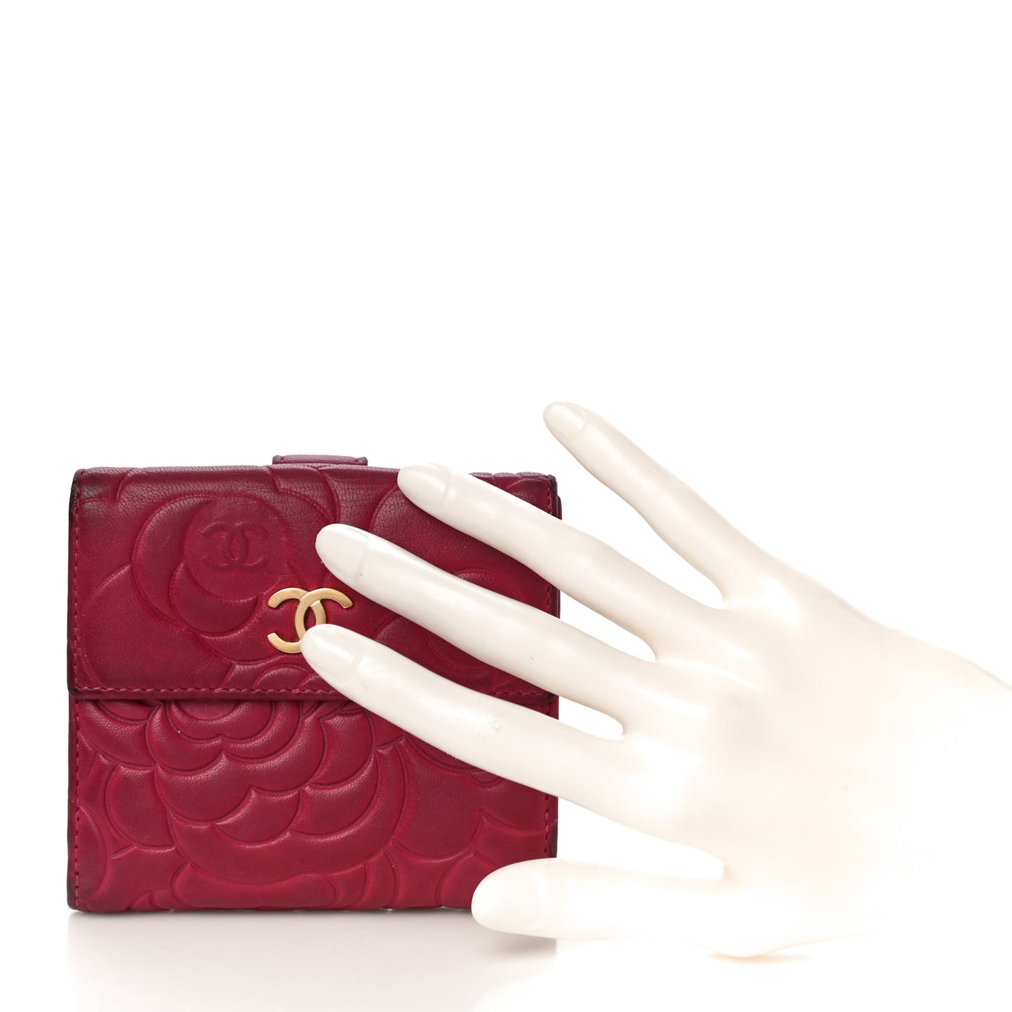 Lambskin Camellia Embossed French Wallet Dark Red